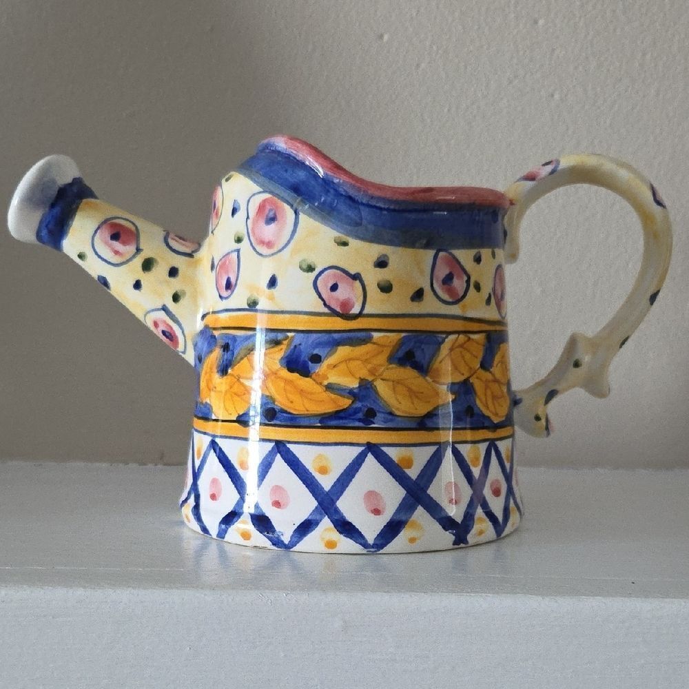 Hand-Painted Ceramic Watering Can with Floral Design